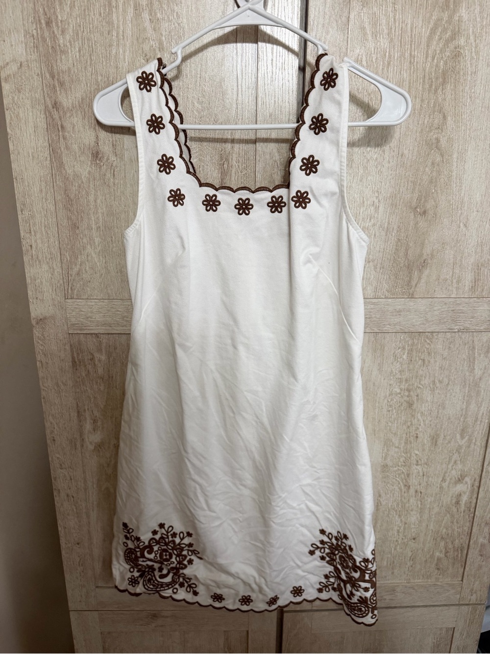 LOFT White Mini Dress with Brown Floral Embroidery